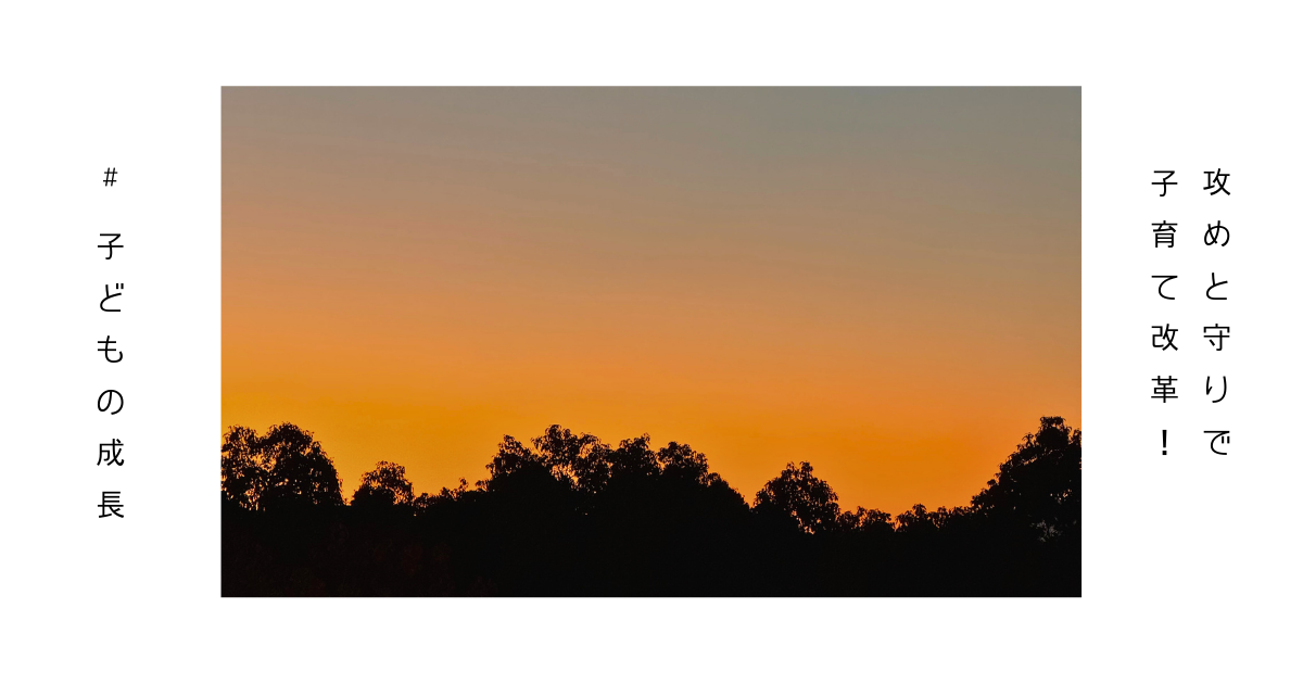 夕焼けの空を背景に、攻めと守りの子育ての切り替えをイメージした写真。